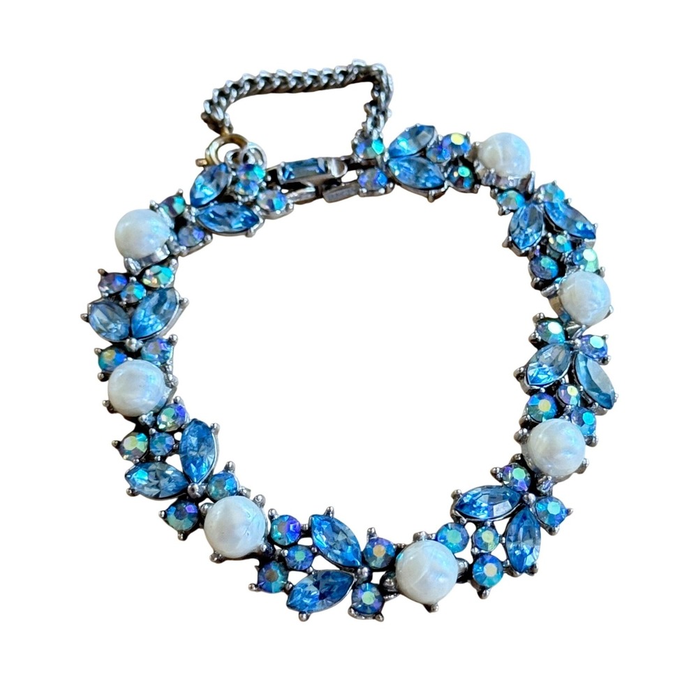 VTG Crown Trifari Blue Bracelet Crystal Rhinestone Pearl Aurora Borealis Signed